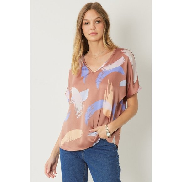 Entro Brushstroke V-Neck Top, Brown - Picture 1 of 6
